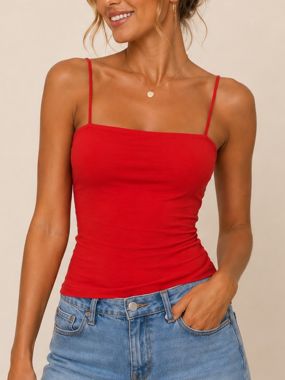 SUUKSESS Cowl Neck Spaghetti Strap Crop Tank — Vibrant Red